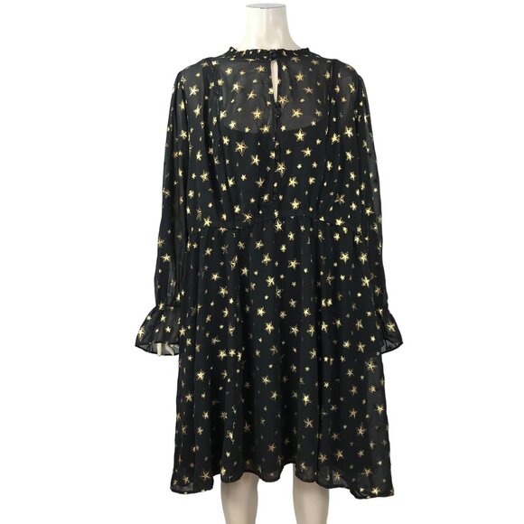 TORRID - WOMEN'S 6 - BLACK W/GOLD STARS LONG RUFFLE SLEEVES GATHERED WAIST DRESS - Picture 1 of 7